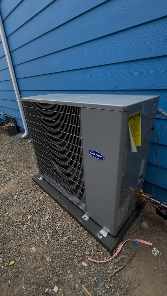 Carrier outdoor AC unit installed beside a blue house