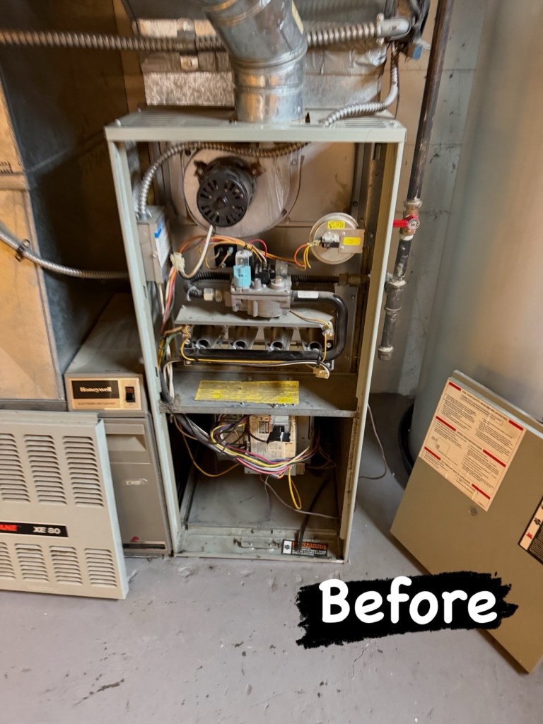Old open furnace before replacement, labeled Before